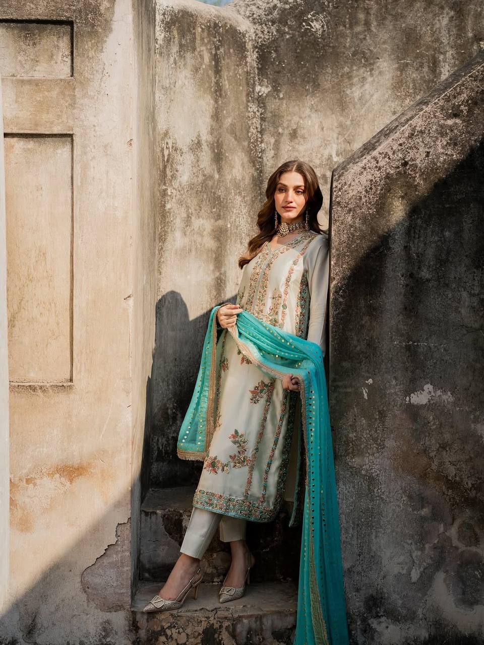 White Pure Silk Heavy Embroidered Kurta Palazzo Set with 5 mm Sequins, Rivet Moti Work & Fancy Lace Dupatta – Fully Stitched Designer Wear ClothsVilla