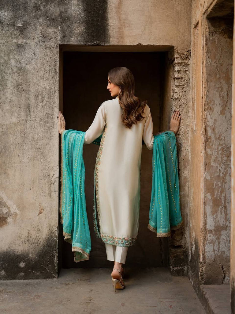 White Pure Silk Heavy Embroidered Kurta Palazzo Set with 5 mm Sequins, Rivet Moti Work & Fancy Lace Dupatta – Fully Stitched Designer Wear ClothsVilla