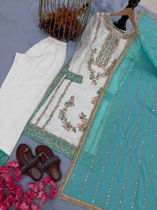 White Pure Silk Heavy Embroidered Kurta Palazzo Set with 5 mm Sequins, Rivet Moti Work & Fancy Lace Dupatta – Fully Stitched Designer Wear ClothsVilla