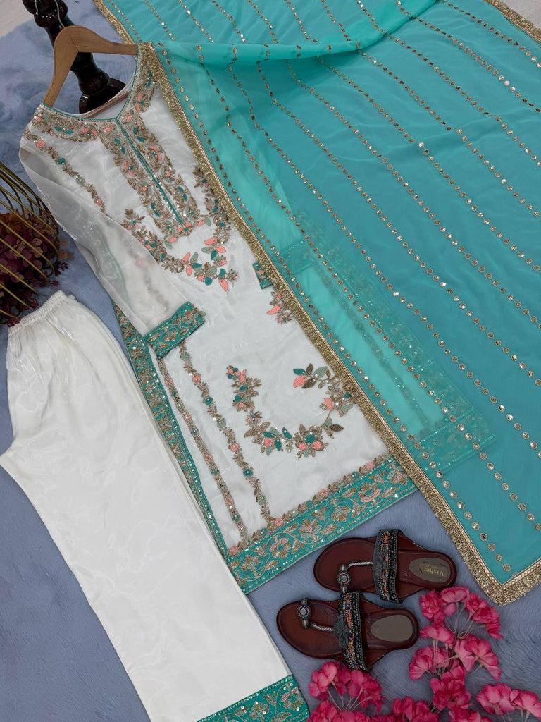 White Pure Silk Heavy Embroidered Kurta Palazzo Set with 5 mm Sequins, Rivet Moti Work & Fancy Lace Dupatta – Fully Stitched Designer Wear ClothsVilla