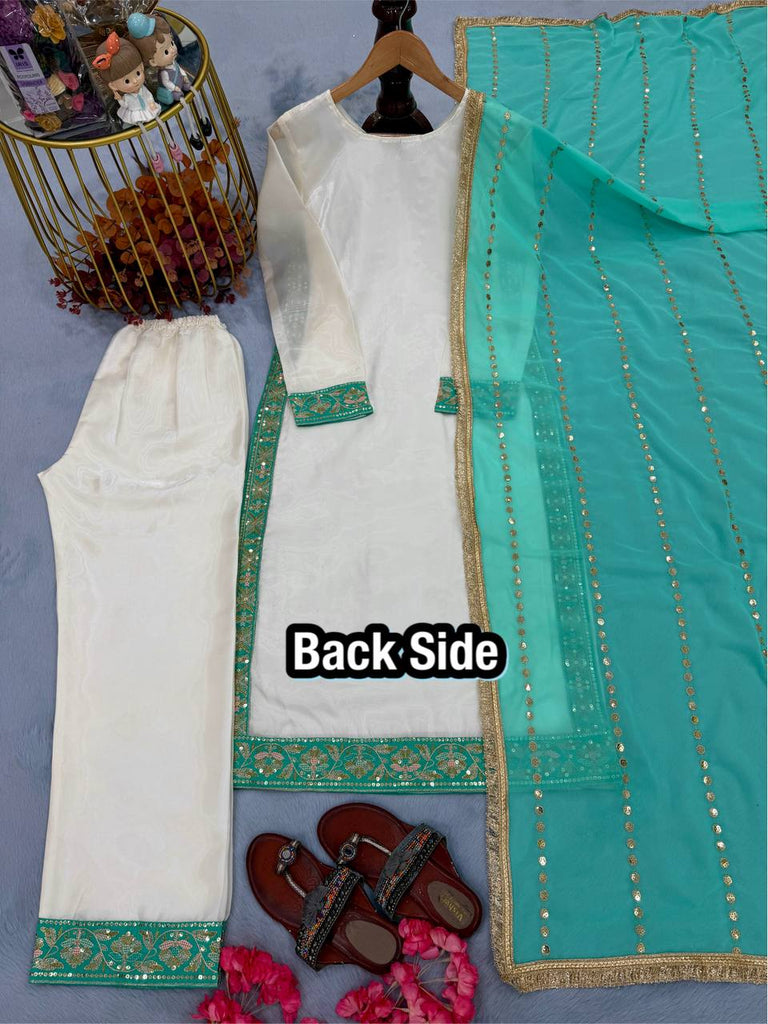 White Pure Silk Heavy Embroidered Kurta Palazzo Set with 5 mm Sequins, Rivet Moti Work & Fancy Lace Dupatta – Fully Stitched Designer Wear ClothsVilla