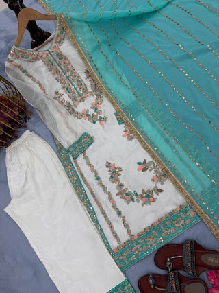 White Pure Silk Heavy Embroidered Kurta Palazzo Set with 5 mm Sequins, Rivet Moti Work & Fancy Lace Dupatta – Fully Stitched Designer Wear ClothsVilla