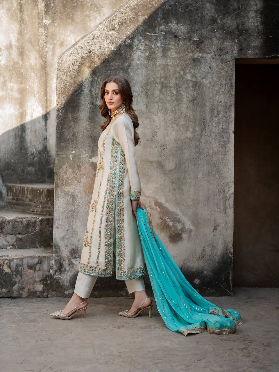 White Pure Silk Heavy Embroidered Kurta Palazzo Set with 5 mm Sequins, Rivet Moti Work & Fancy Lace Dupatta – Fully Stitched Designer Wear ClothsVilla