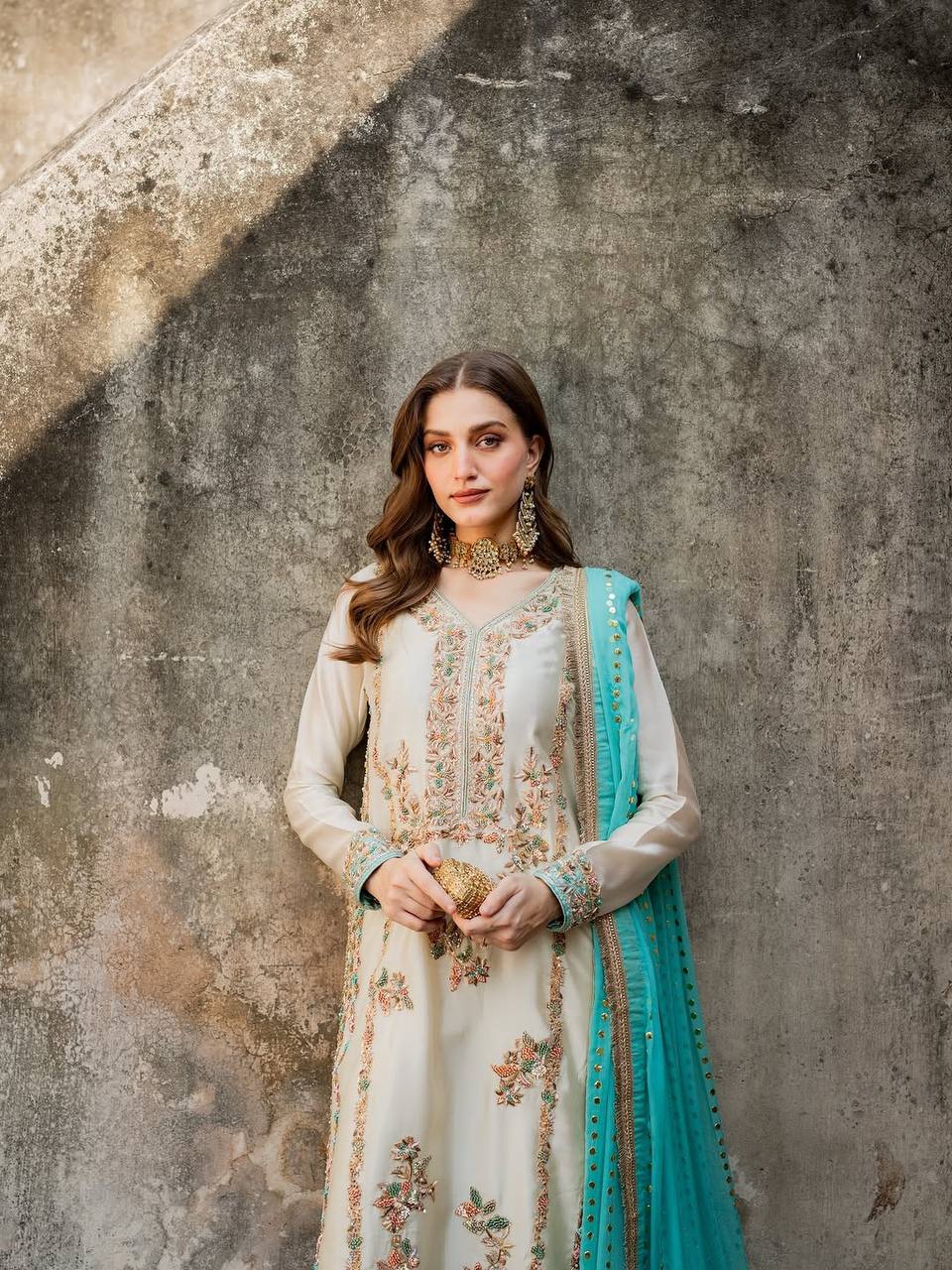 White Pure Silk Heavy Embroidered Kurta Palazzo Set with 5 mm Sequins, Rivet Moti Work & Fancy Lace Dupatta – Fully Stitched Designer Wear ClothsVilla