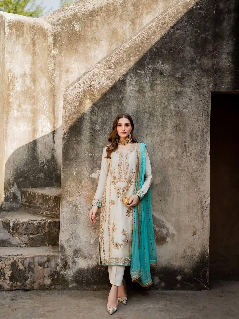 White Pure Silk Heavy Embroidered Kurta Palazzo Set with 5 mm Sequins, Rivet Moti Work & Fancy Lace Dupatta – Fully Stitched Designer Wear ClothsVilla Main image