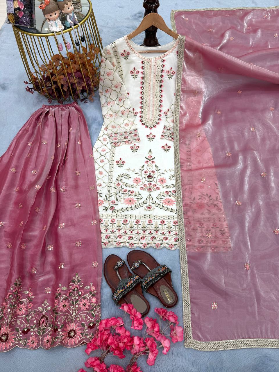 White Pure Silk Heavy Embroidered Kurta Palazzo Set ClothsVilla