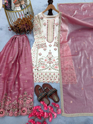 White Pure Silk Heavy Embroidered Kurta Palazzo Set ClothsVilla
