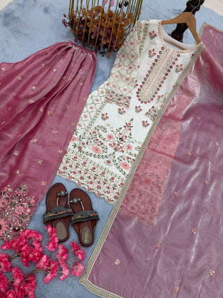 White Pure Silk Heavy Embroidered Kurta Palazzo Set ClothsVilla