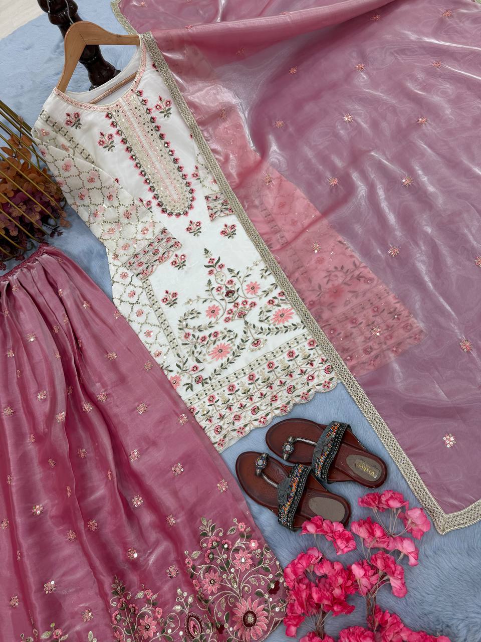 White Pure Silk Heavy Embroidered Kurta Palazzo Set ClothsVilla