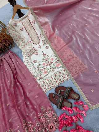 White Pure Silk Heavy Embroidered Kurta Palazzo Set ClothsVilla
