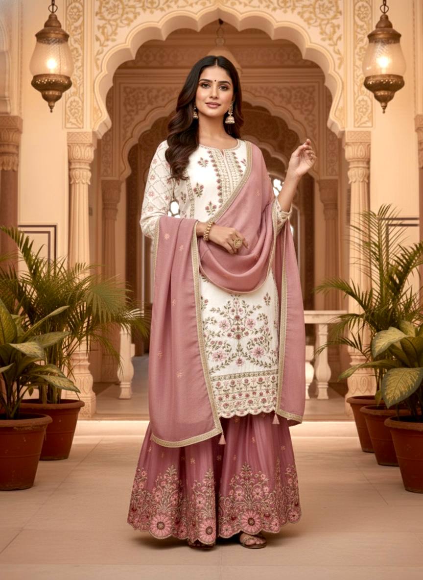 White Pure Silk Heavy Embroidered Kurta Palazzo Set Secondary image
