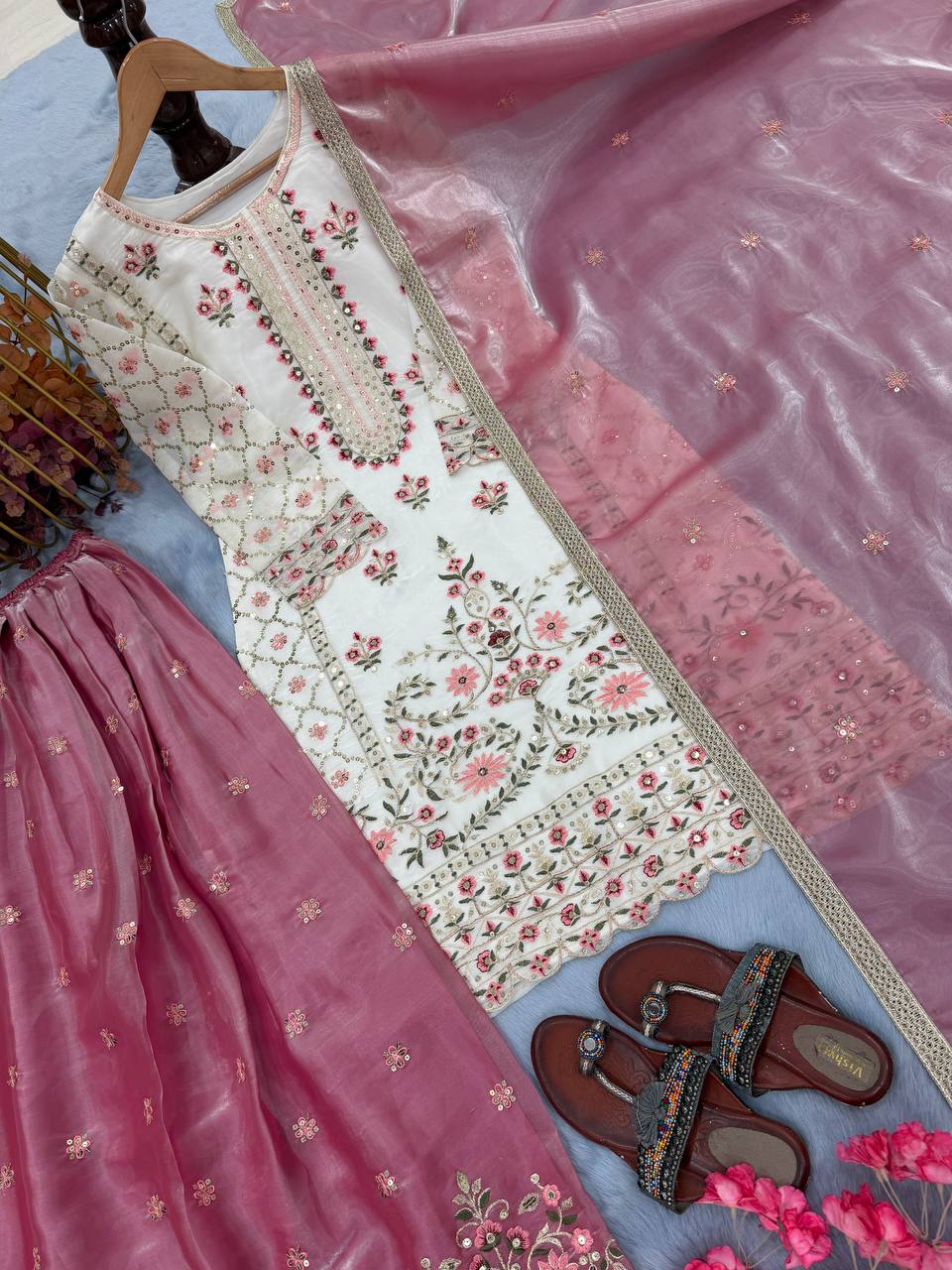 White Pure Silk Heavy Embroidered Kurta Palazzo Set ClothsVilla