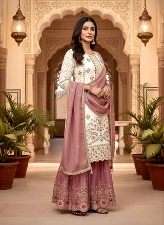 White Pure Silk Heavy Embroidered Kurta Palazzo Set ClothsVilla