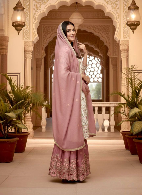 White Pure Silk Heavy Embroidered Kurta Palazzo Set ClothsVilla