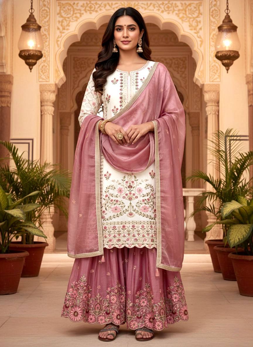 White Pure Silk Heavy Embroidered Kurta Palazzo Set ClothsVilla