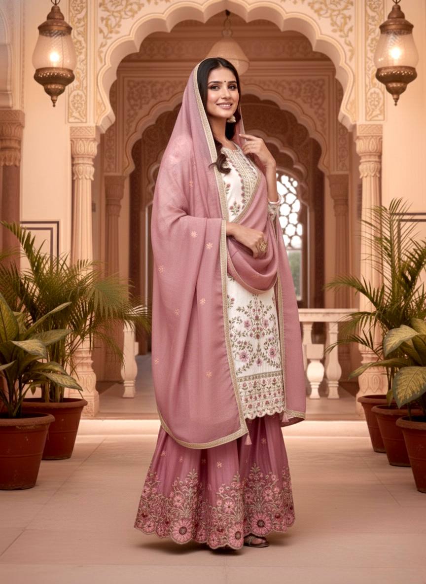 White Pure Silk Heavy Embroidered Kurta Palazzo Set ClothsVilla