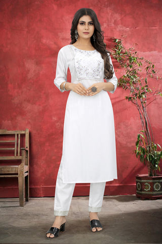 White Rayon Kurta Set With Pant ClothsVilla