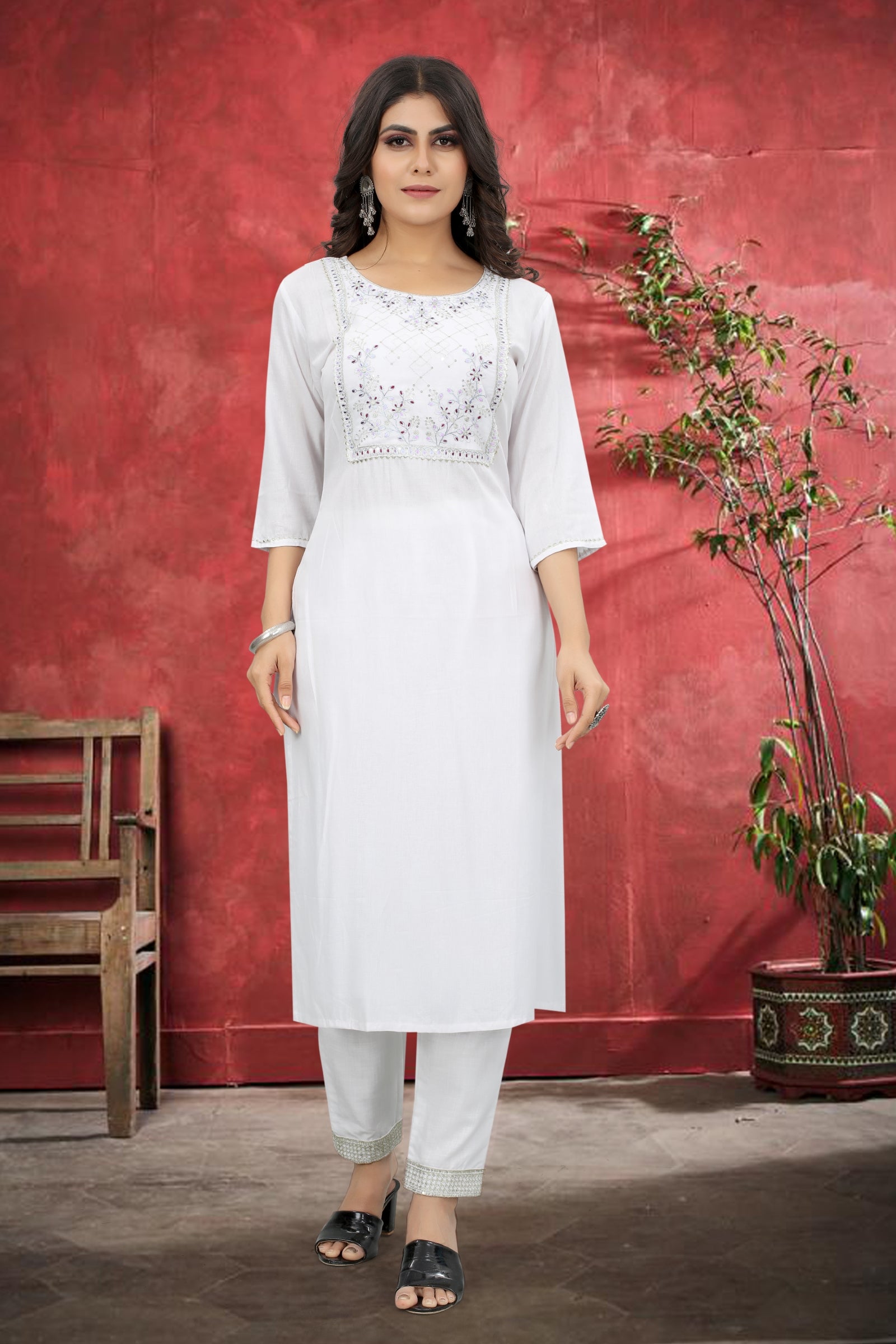 White Rayon Kurta Set With Pant ClothsVilla
