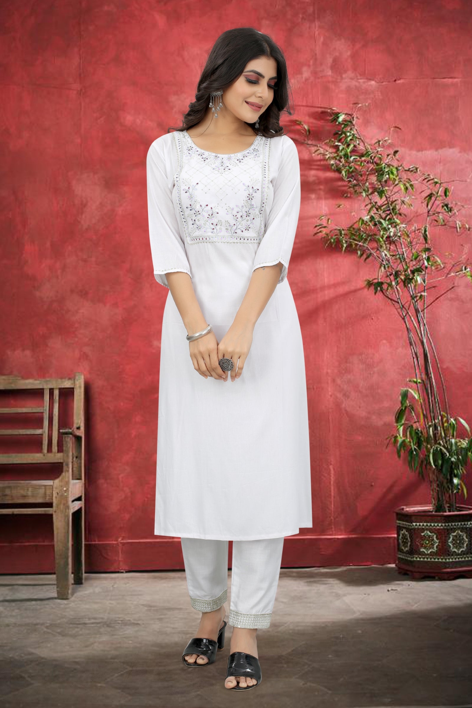 White Rayon Kurta Set With Pant ClothsVilla
