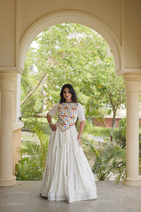 White Rayon Mirror Work Lehenga Choli Clothsvilla Main image