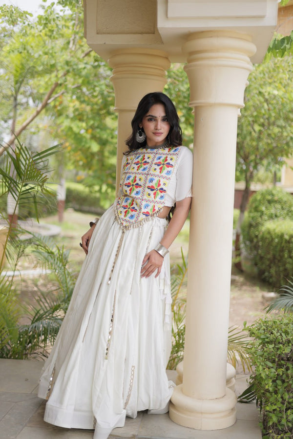 White Rayon Mirror Work Lehenga Choli Clothsvilla
