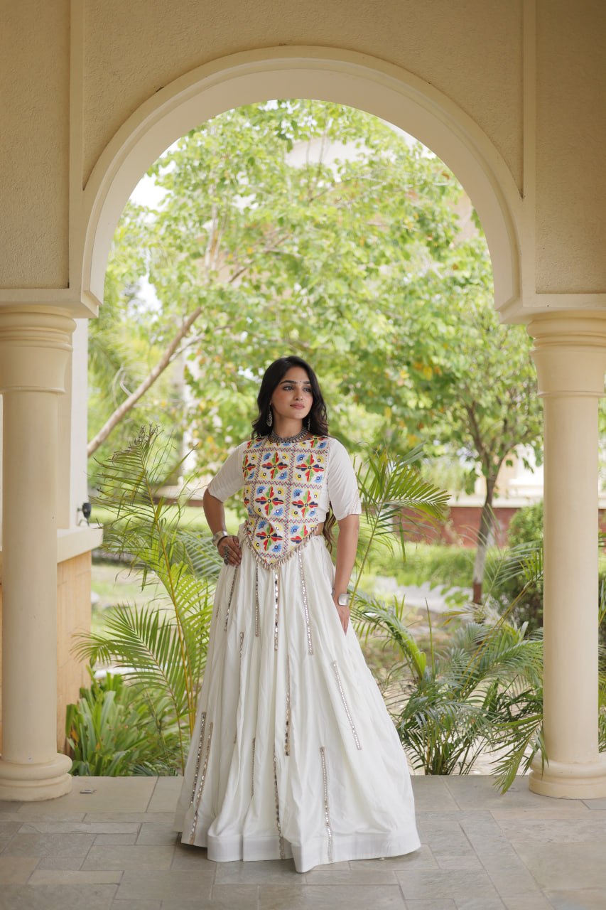 White Rayon Mirror Work Lehenga Choli Clothsvilla