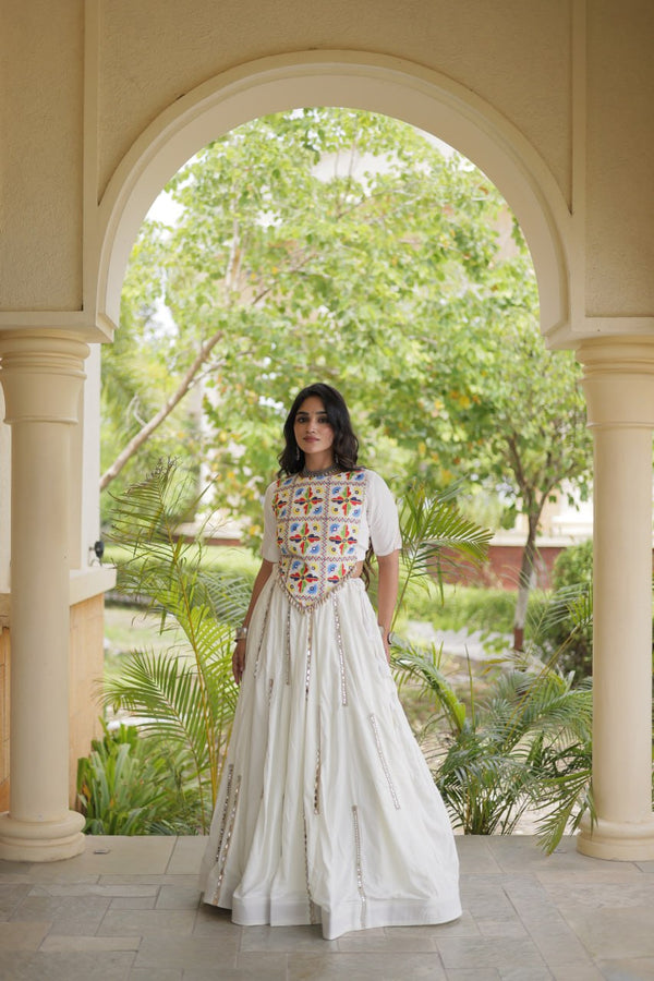 White Rayon Mirror Work Lehenga Choli Clothsvilla