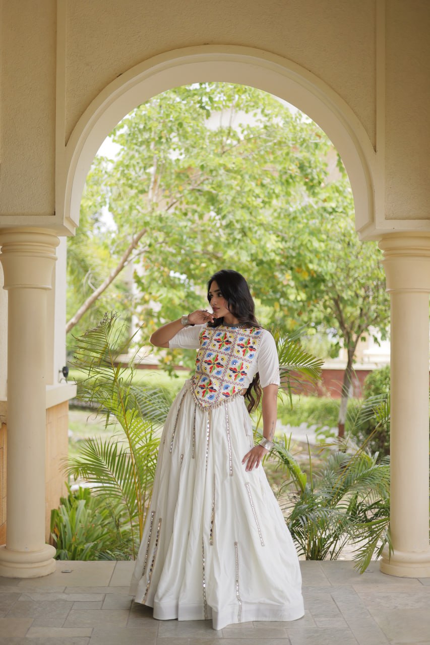 White Rayon Mirror Work Lehenga Choli Clothsvilla