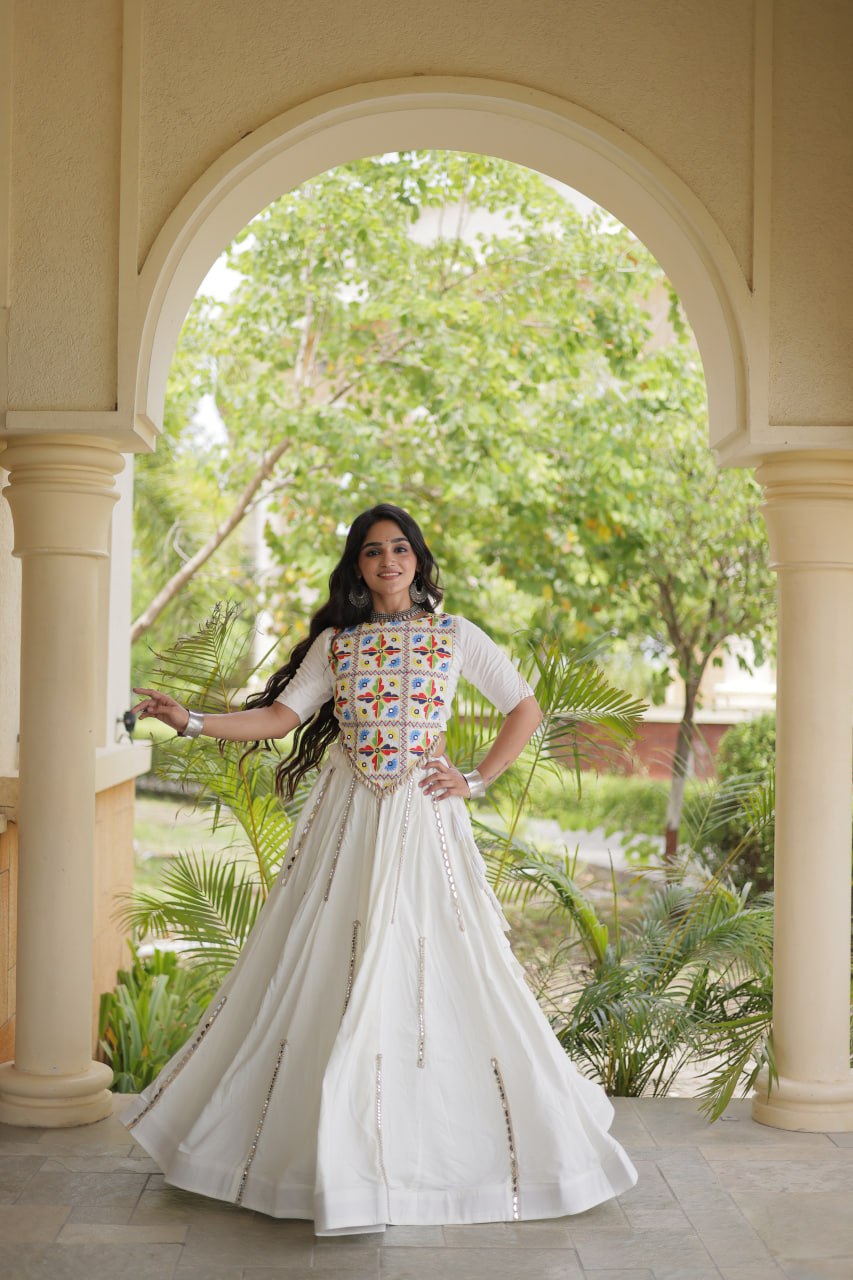 White Rayon Mirror Work Lehenga Choli Clothsvilla