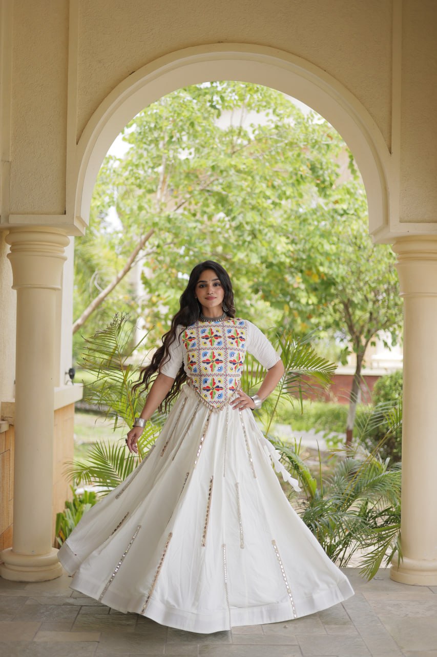 White Rayon Mirror Work Lehenga Choli Clothsvilla