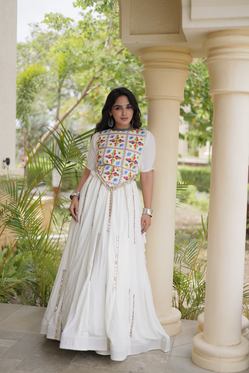 White Rayon Mirror Work Lehenga Choli Clothsvilla