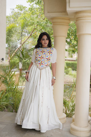 White Rayon Mirror Work Lehenga Choli Clothsvilla