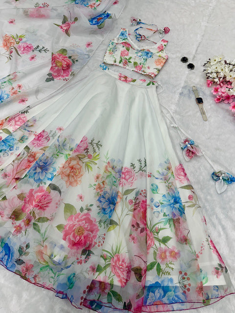 White Ri8 Fashion - Exclusive Floral printed  Elegance Lehenga Set Clothsvilla Main image