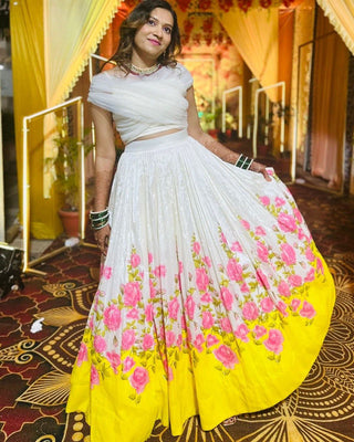 White Ri8 Fashion - Exclusive Floral Printed Haldi Special Lehenga Set Elegance Meets Modern Charm Clothsvilla