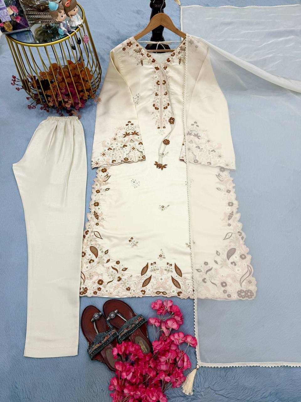 White Roman Glass Party Wear Long Kaftan Set ClothsVilla
