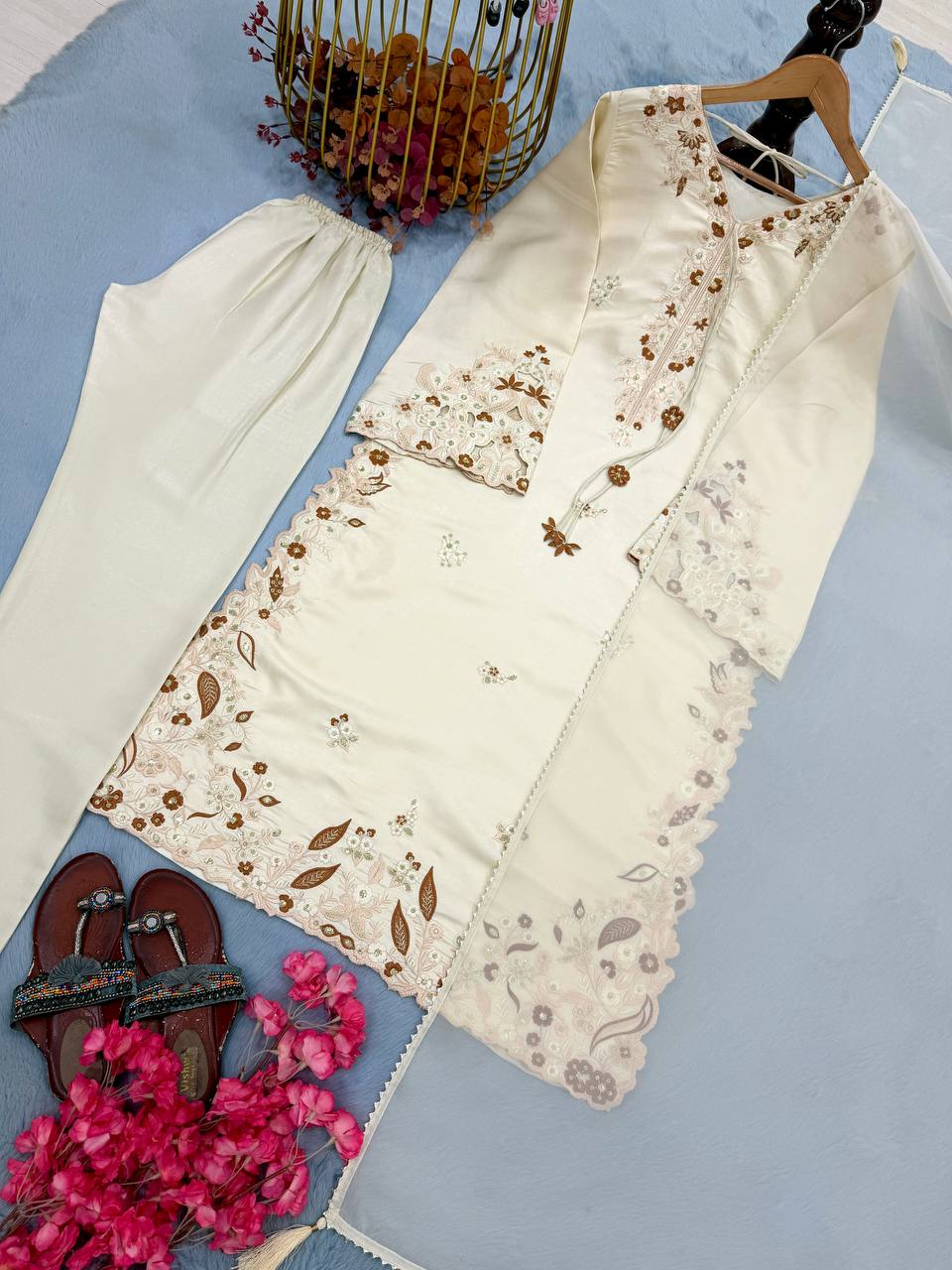 White Roman Glass Party Wear Long Kaftan Set ClothsVilla