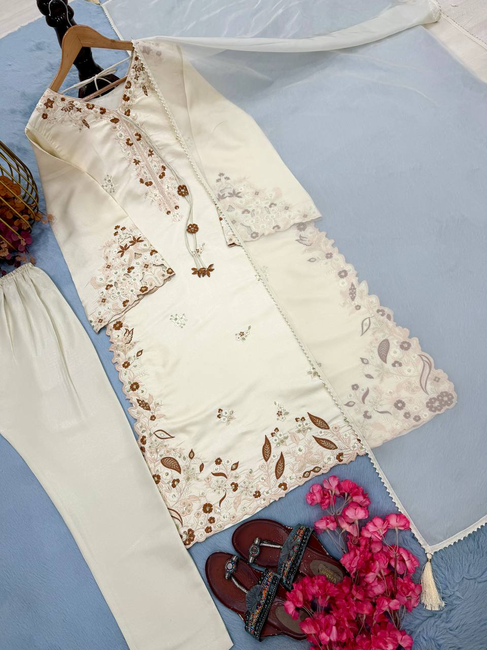 White Roman Glass Party Wear Long Kaftan Set ClothsVilla