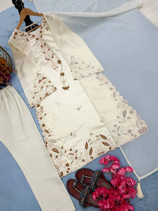 White Roman Glass Party Wear Long Kaftan Set ClothsVilla