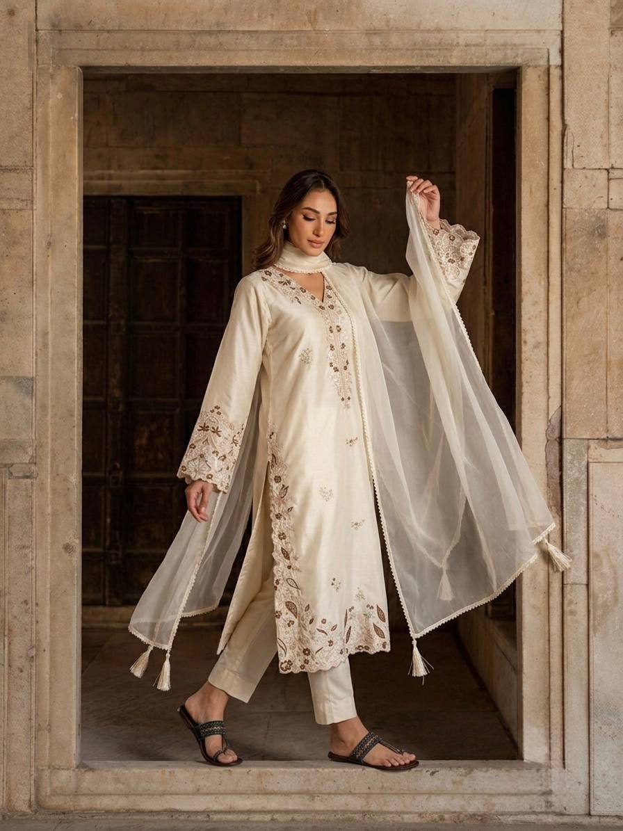 White Roman Glass Party Wear Long Kaftan Set ClothsVilla