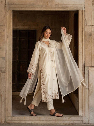 White Roman Glass Party Wear Long Kaftan Set ClothsVilla