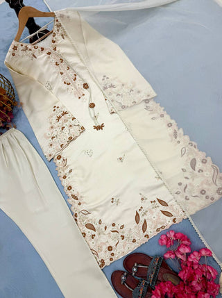White Roman Glass Party Wear Long Kaftan Set ClothsVilla