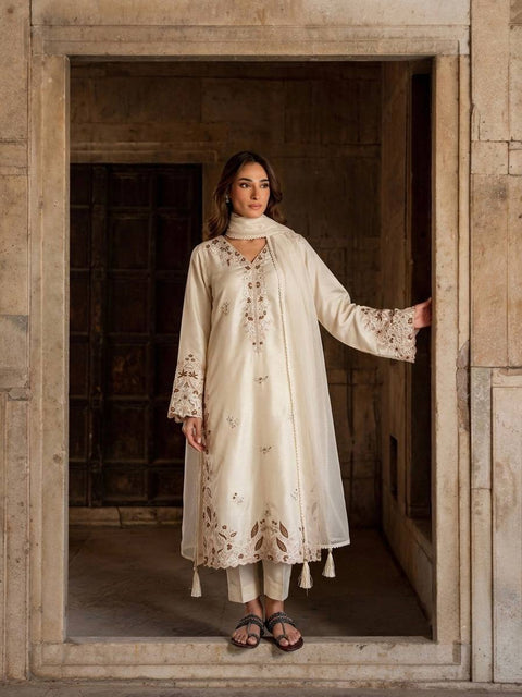 White Roman Glass Party Wear Long Kaftan Set ClothsVilla Main image
