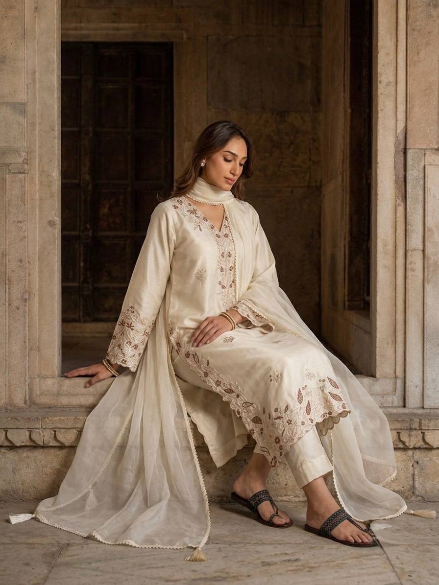White Roman Glass Party Wear Long Kaftan Set ClothsVilla