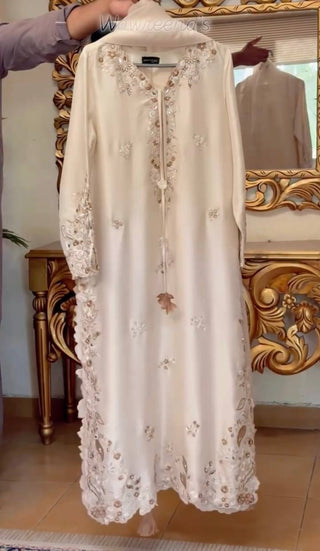 White Roman Glass Party Wear Long Kaftan Set ClothsVilla
