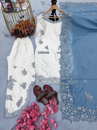 White Roman Glass Sequins Palazzo Suit ClothsVilla