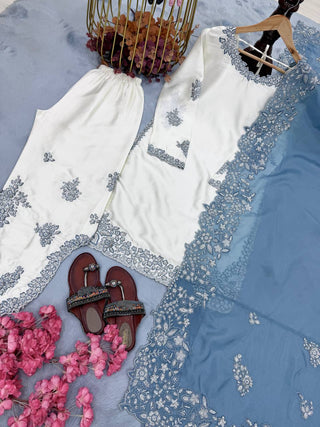 White Roman Glass Sequins Palazzo Suit ClothsVilla