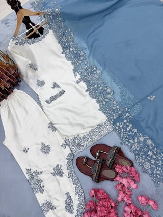 White Roman Glass Sequins Palazzo Suit ClothsVilla