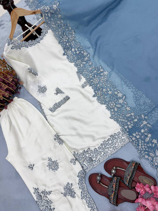 White Roman Glass Sequins Palazzo Suit ClothsVilla