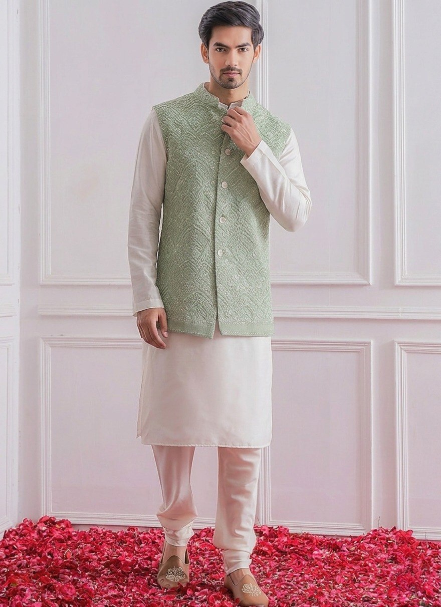 White Roman Silk Kurta,Pant With Sequins Koti ClothsVilla