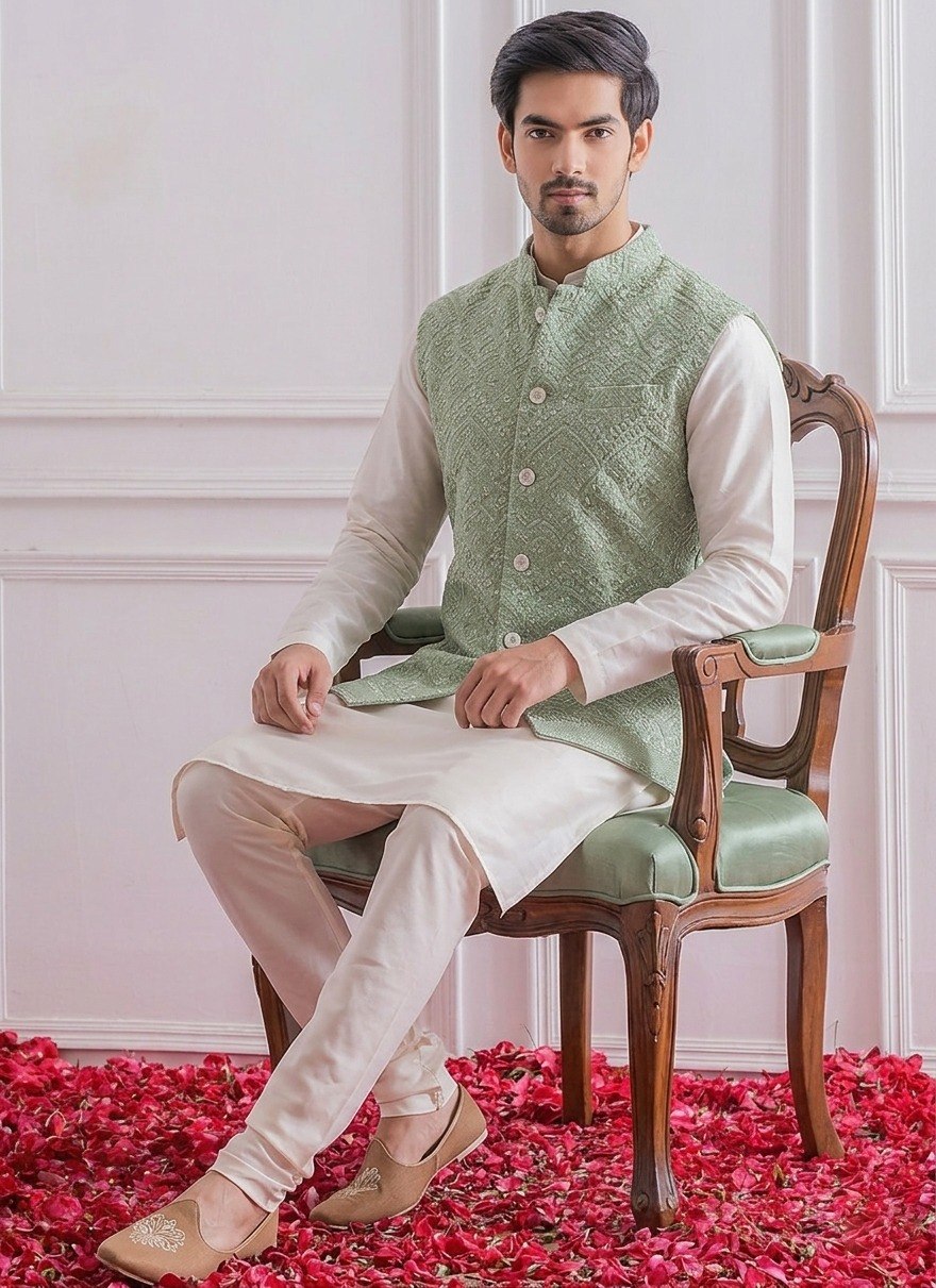 White Roman Silk Kurta,Pant With Sequins Koti ClothsVilla